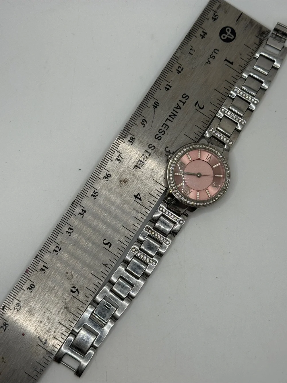 Fossil Virginia Stainless Steel 3 hand watch Pink Dial Crystals